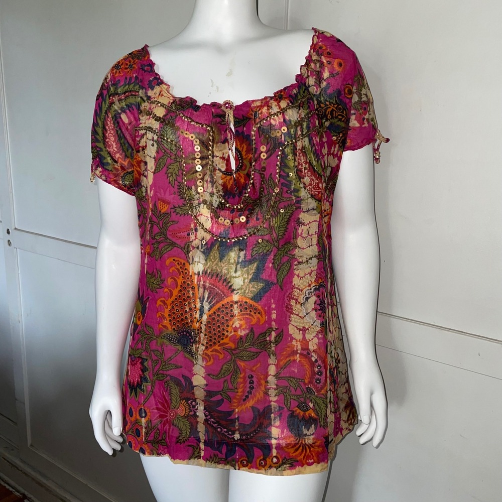 Chaudry KC Pink Floral Paisley Sequin Beads Cotton Peasant Blouse Top Medium NEW
